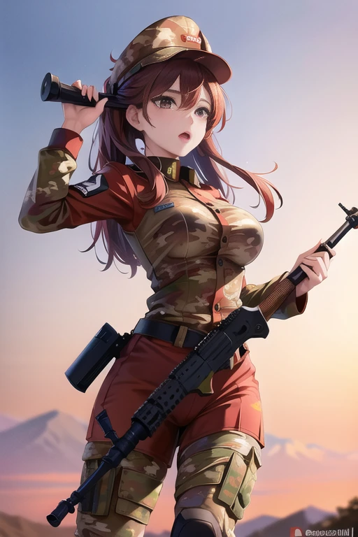 a woman, (wearing camouflage_uniform:1.3), wearing cap, (holding a rifle:1.5), (red uniform:1.5),
good hand,4k, high-res, masterpiece, best quality, head:1.3,((Hasselblad photography)), finely detailed skin, sharp focus, (cinematic lighting), soft lighting, dynamic angle, [:(detailed face:1.2):0.2], medium breasts,(((military training camp))),  <lora:camouflage_uniform04:0.5>, <lora:betterCuteAsian03:0.3>