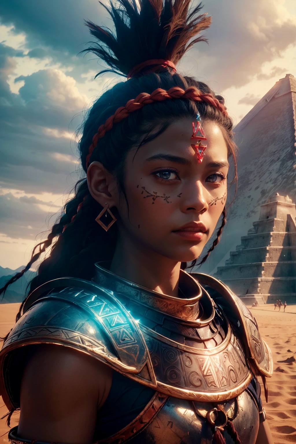 high detail RAW color Photo of beautiful 30yo mayan woman, dark skin tone, mayan, head band, armor, mayan pyramid GlowingRunesAIV2_red
photorealistic, 35mm, masterpiece, best quality, 8K,UHD
realistic, highly detailed, harsh lighting, cinematic lighting,
<lora:GlowingRunesAIV6:0.8>
