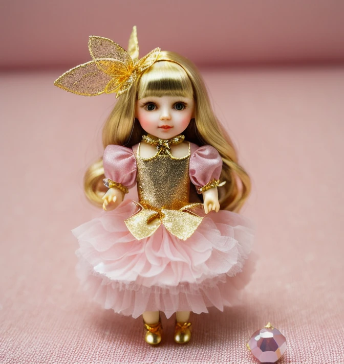 Kawaii, bunny, doll fairy miniature, gold, Miniature Core, Miniature World, realistic, pink, Opalescent, ball crystal, intimate portrait composition, Leica 50mm, f1. 4,Highly Detailed,(Low Contrast:1.3)
