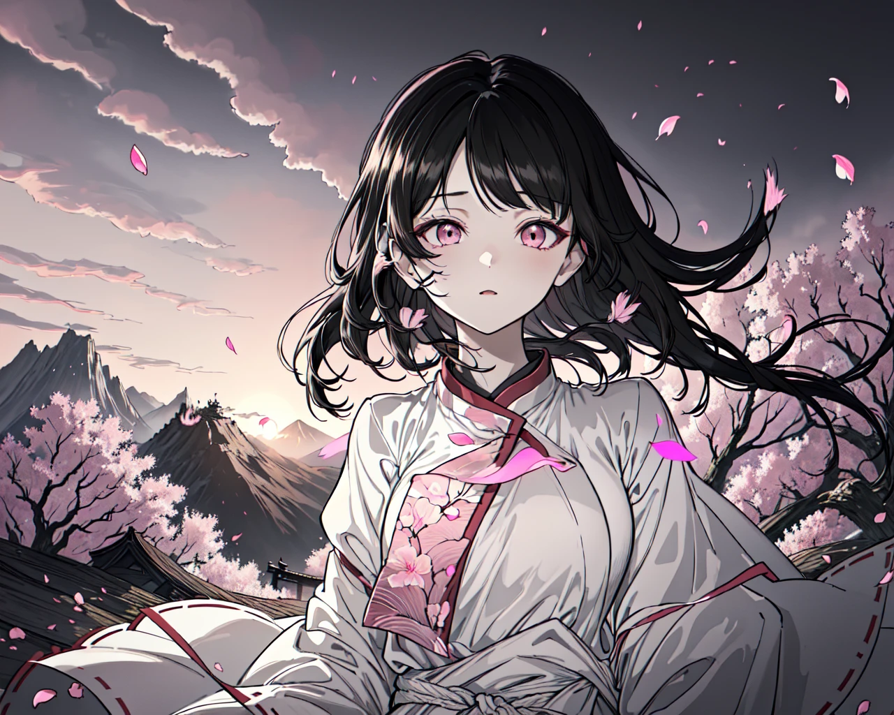 (best quality, masterpiece),(1girl, miko, coat, expression face, black eyes, looking at front ,black hair, walking, upper body), (night strray sky, huge old tree behind, falling glowing pink petals behind, shrine behind, mountain background, blowing wind, meteoric cloud)