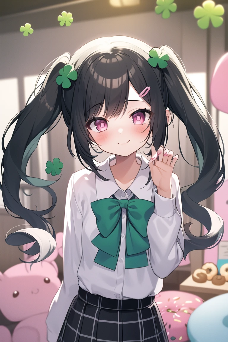MARUMOCHI,1girl, hair ornament, clover, bow, twintails, smile, stuffed toy, green bow, solo, clover hair ornament, long hair, four-leaf clover, stuffed animal, green nails, black hair, hairclip, shirt, skirt, low twintails, doughnut, bangs, collared shirt, white shirt, stuffed bunny, plaid, long sleeves, food, bowtie, looking at viewer, pink bow, four-leaf clover hair ornament, hair bow, nail polish, sweater, blush, pink eyes