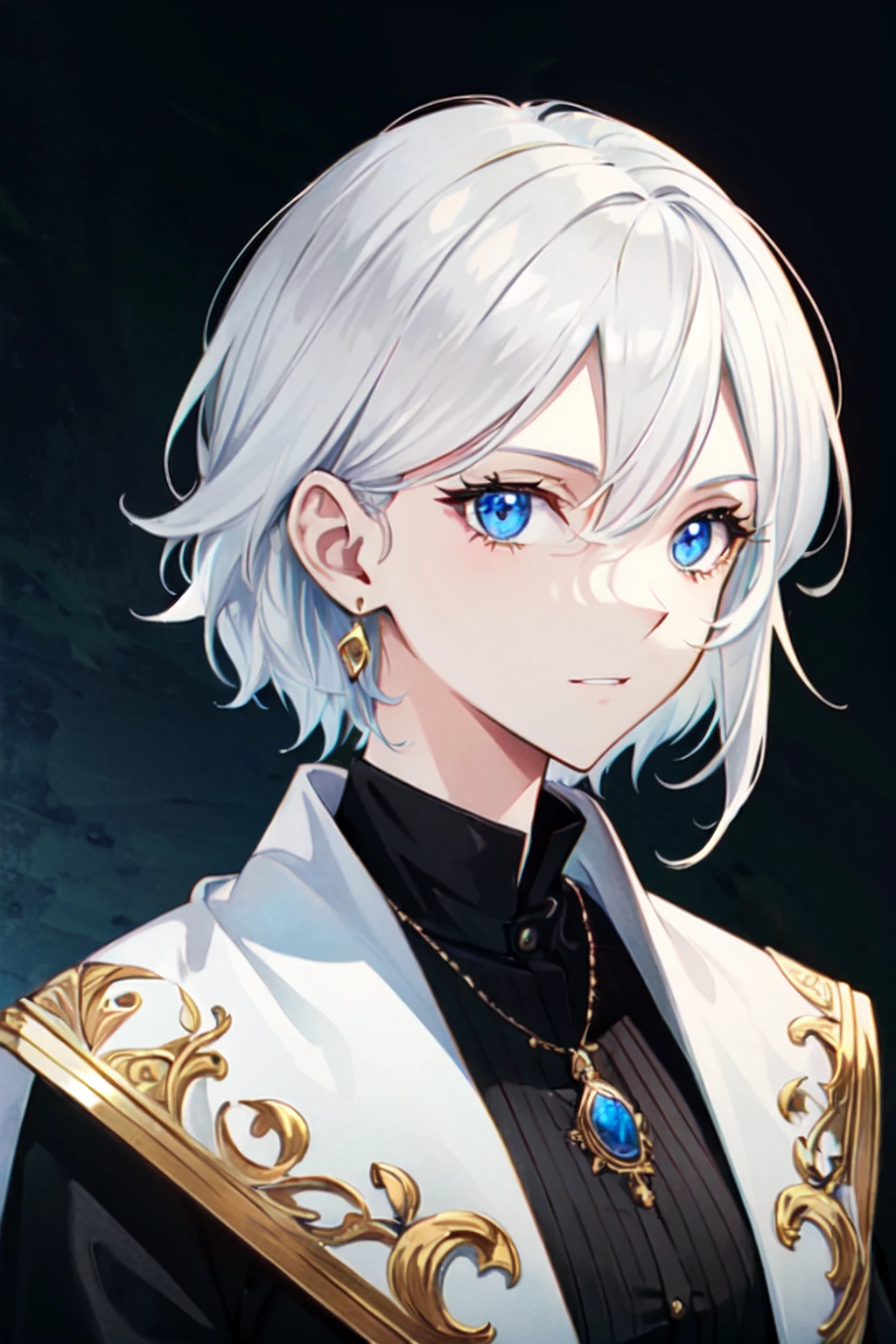 vampire,masterpiece, best quality, ultra-detailed, illustration, ultra-detailed face, best quality face, evil, 30 years old, adult, 1girl, 30 years old,  no human, white hair, alchemy outfit, intricate detailed outfit, black outfit, glowing jewellery,
