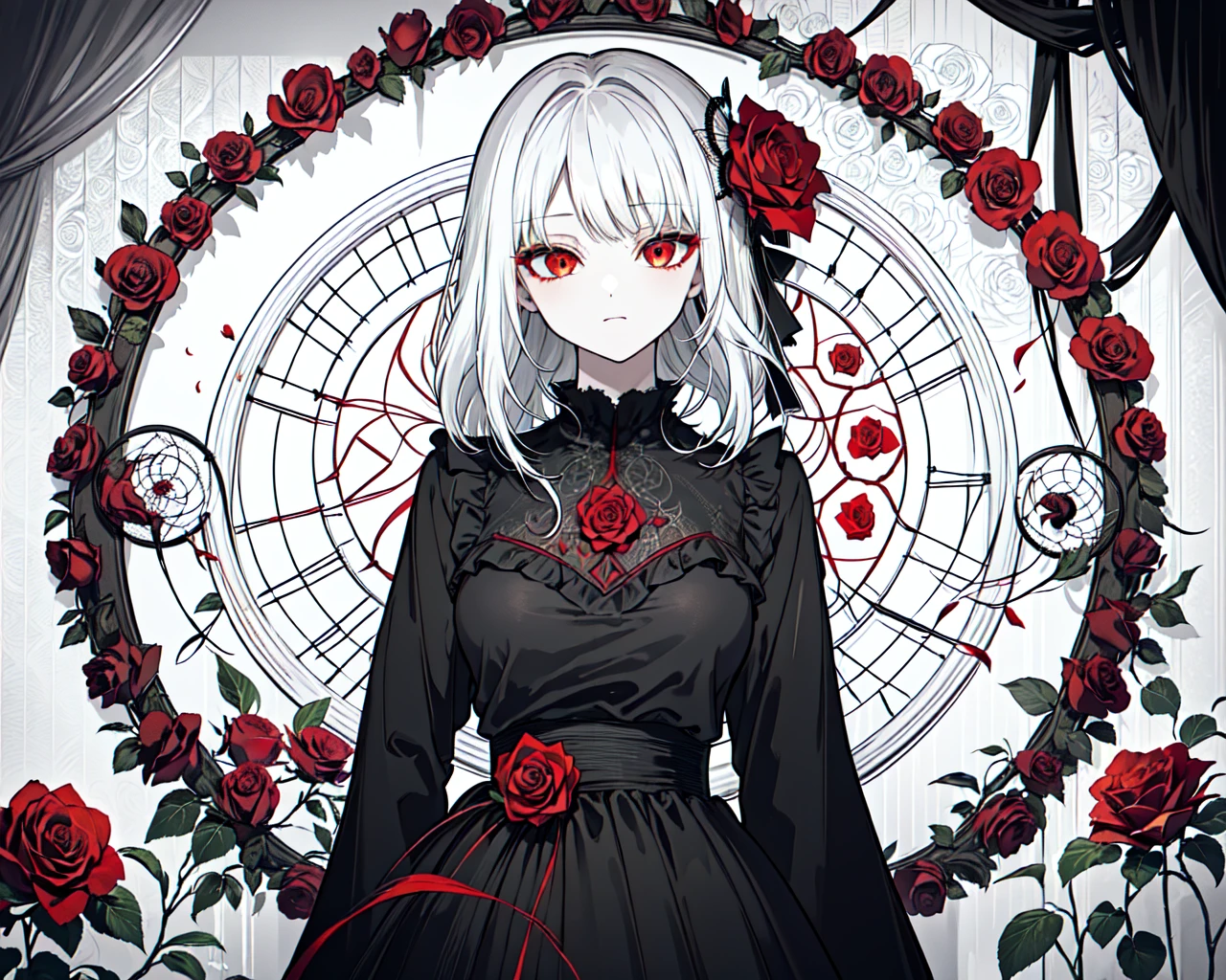 (best quality, masterpiece), (1girl, solo, black dress, standing , looking at viewer, white hair, red eyes, holding rose, closed mouth, upper body), (red dreamcatcher behind, red flower, )