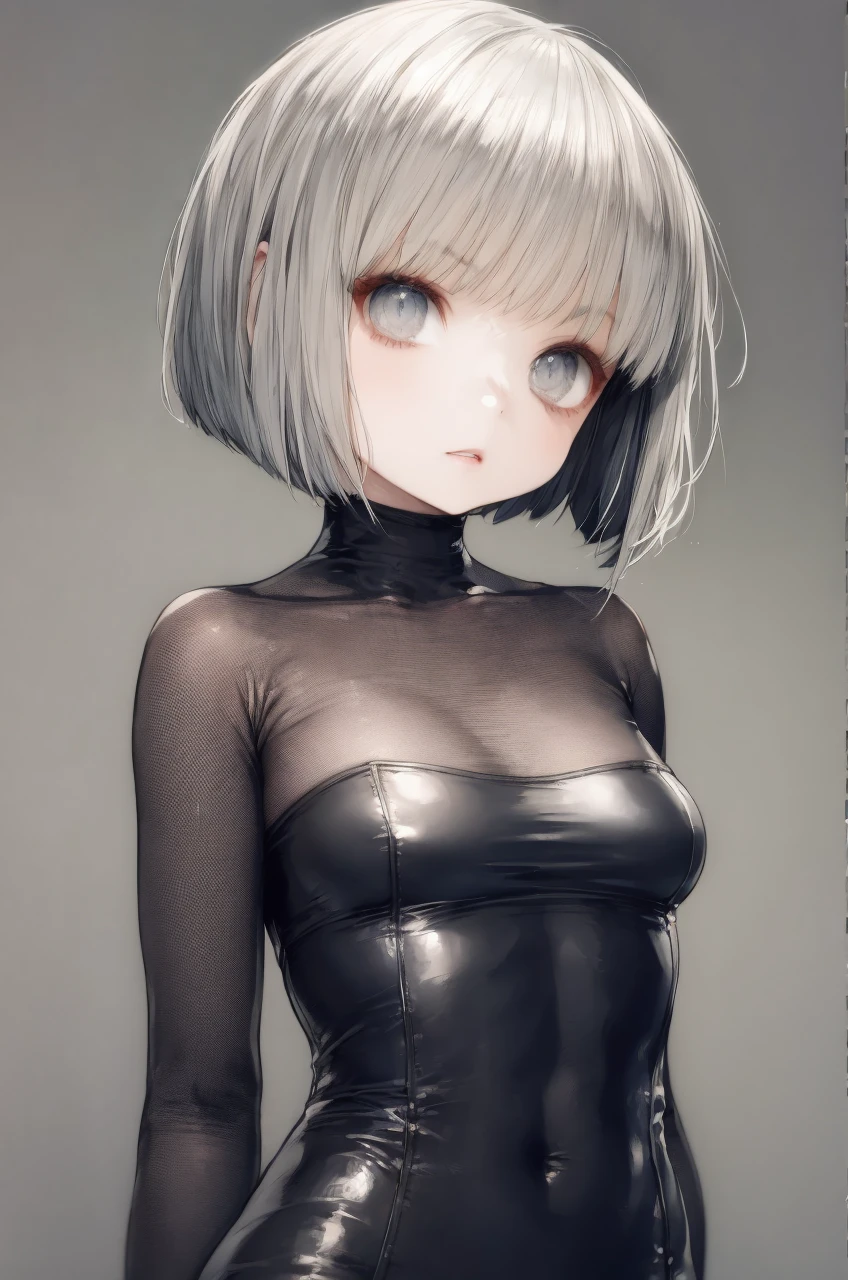 1girl, grey hair, bob cut, Bodysuit,   <lora:CuteGothicFashion:1>