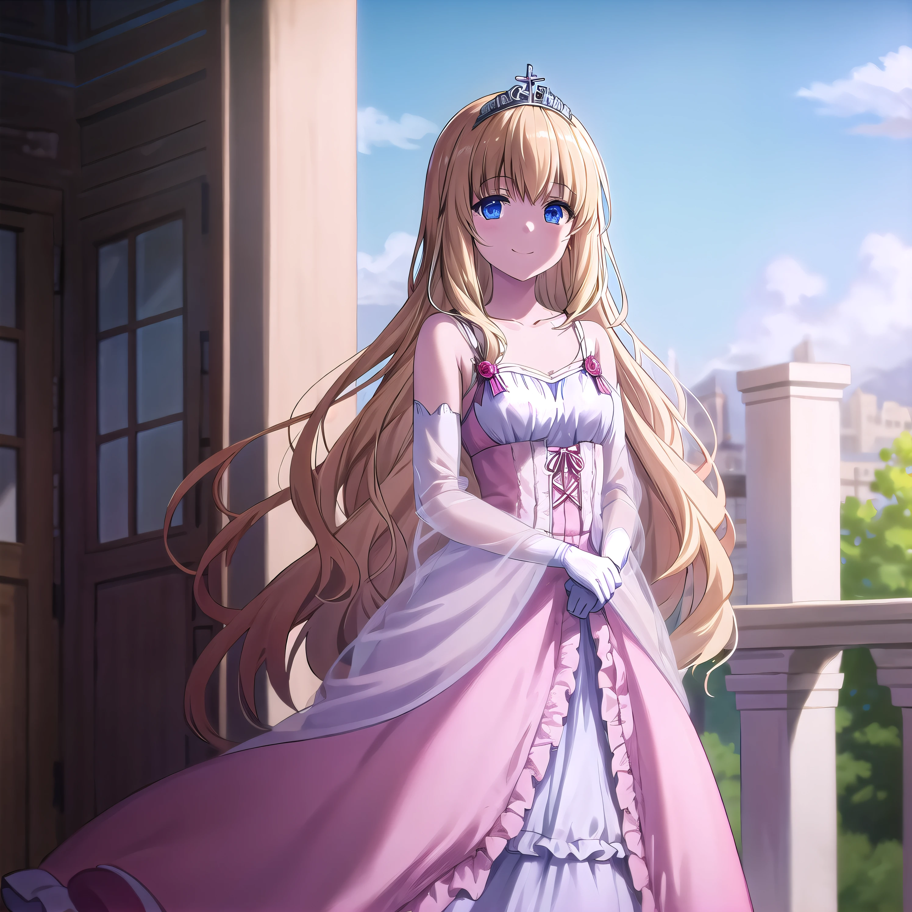 best quality, (masterpiece:1.2), highly detailed, day, outdoors,
1girl, solo, <lora:chara_AmagiBrilliantPark_Latifa_v1:0.8>, latifa fleuranza, closed mouth, smile, looking at the viewer, standing,
blonde hair, long hair, very long hair, blue eyes, tiara, pink dress, bare shoulders, gown, necklace, gloves
