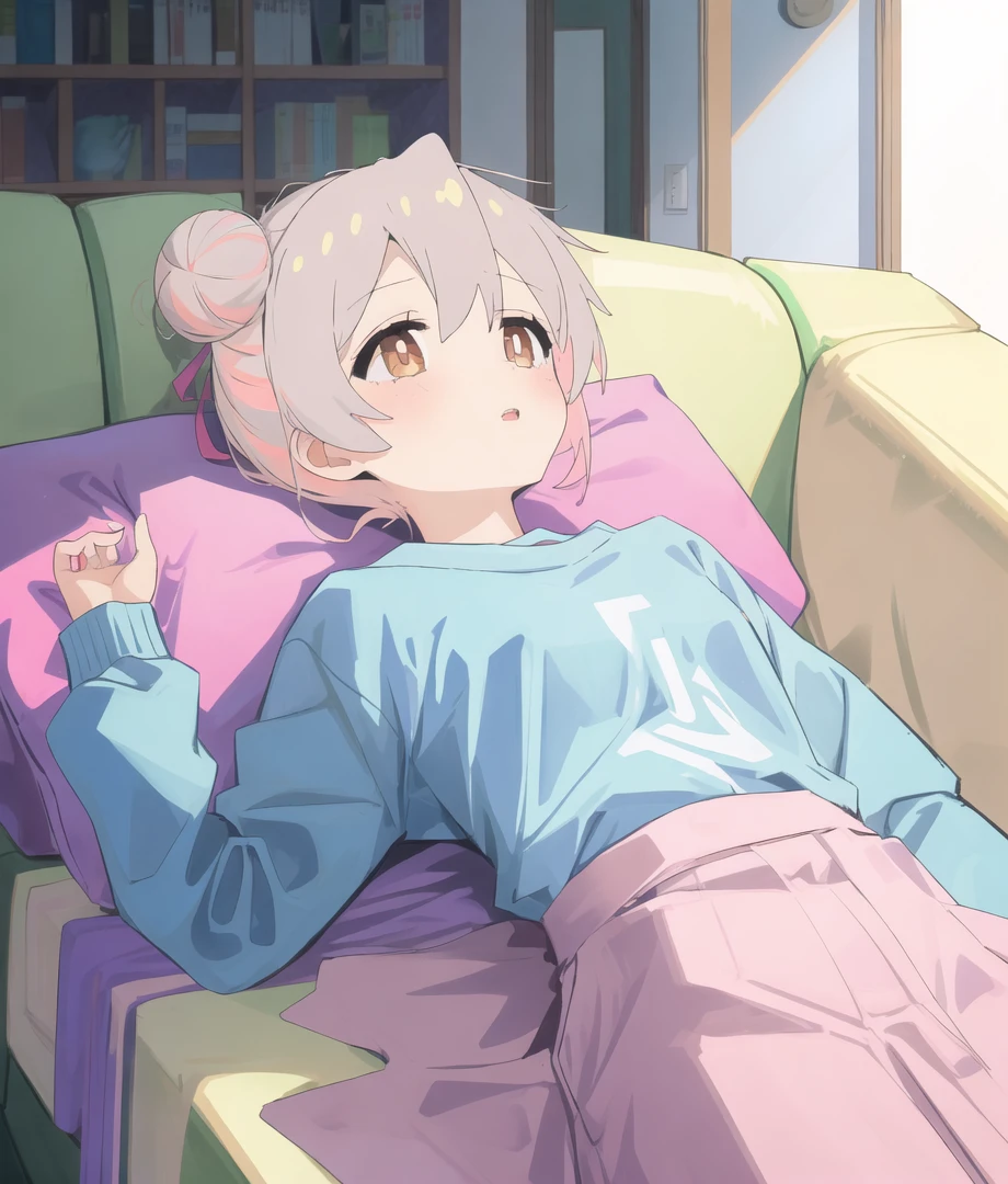 OyamaMahiro; 1girl, solo, double bun, couch, ribbon, indoors, shirt, hair bun, bangs, hair ribbon, long sleeves, parted lips, on back, blue shirt, pink ribbon, lying
<lyco:onimai-cs2-dim8-4-loha-step-30000:1>