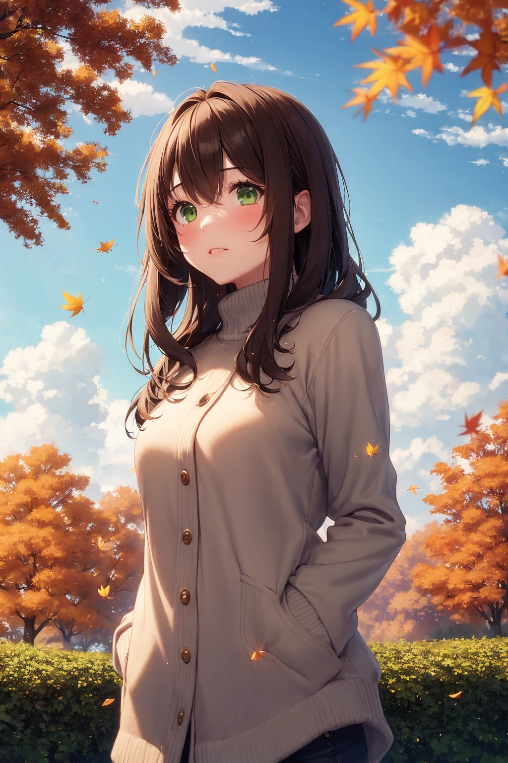 1girl, brown hair, green eyes, colorful, autumn, cumulonimbus clouds, lighting, blue sky, falling leaves, garden
