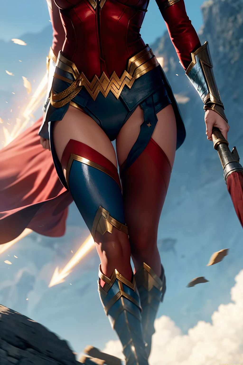wonderwoman , walking towards viewer , from below , action pose, full body