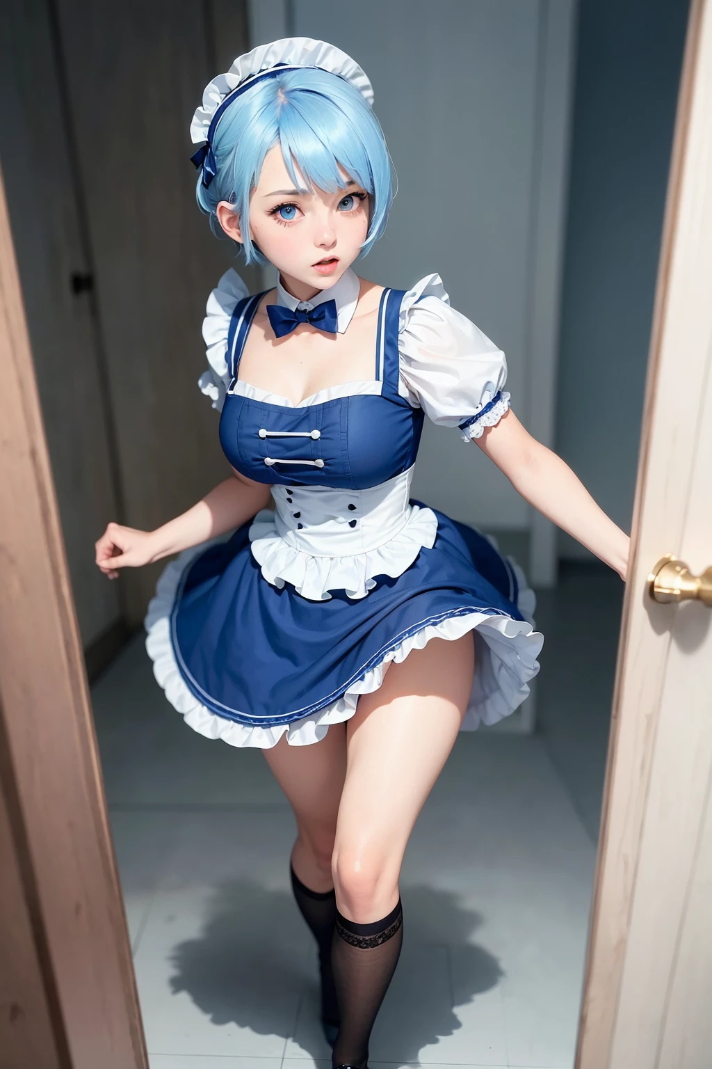 1girl , blue short hair , blue eyes , maid outfit , full body , action shot