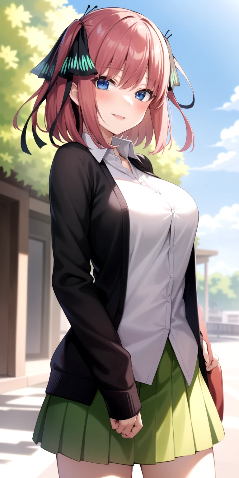 2d, masterpiece, best quality, anime, highly detailed, 1girl, solo, cowboy shot, nakano nino, pink hair, butterfly hair ornament, black cardigan, collared shirt, green skirt, miniskirt, medium breasts, standing, school, outdoors, smile<lyco:quintuplets-10-new:1>