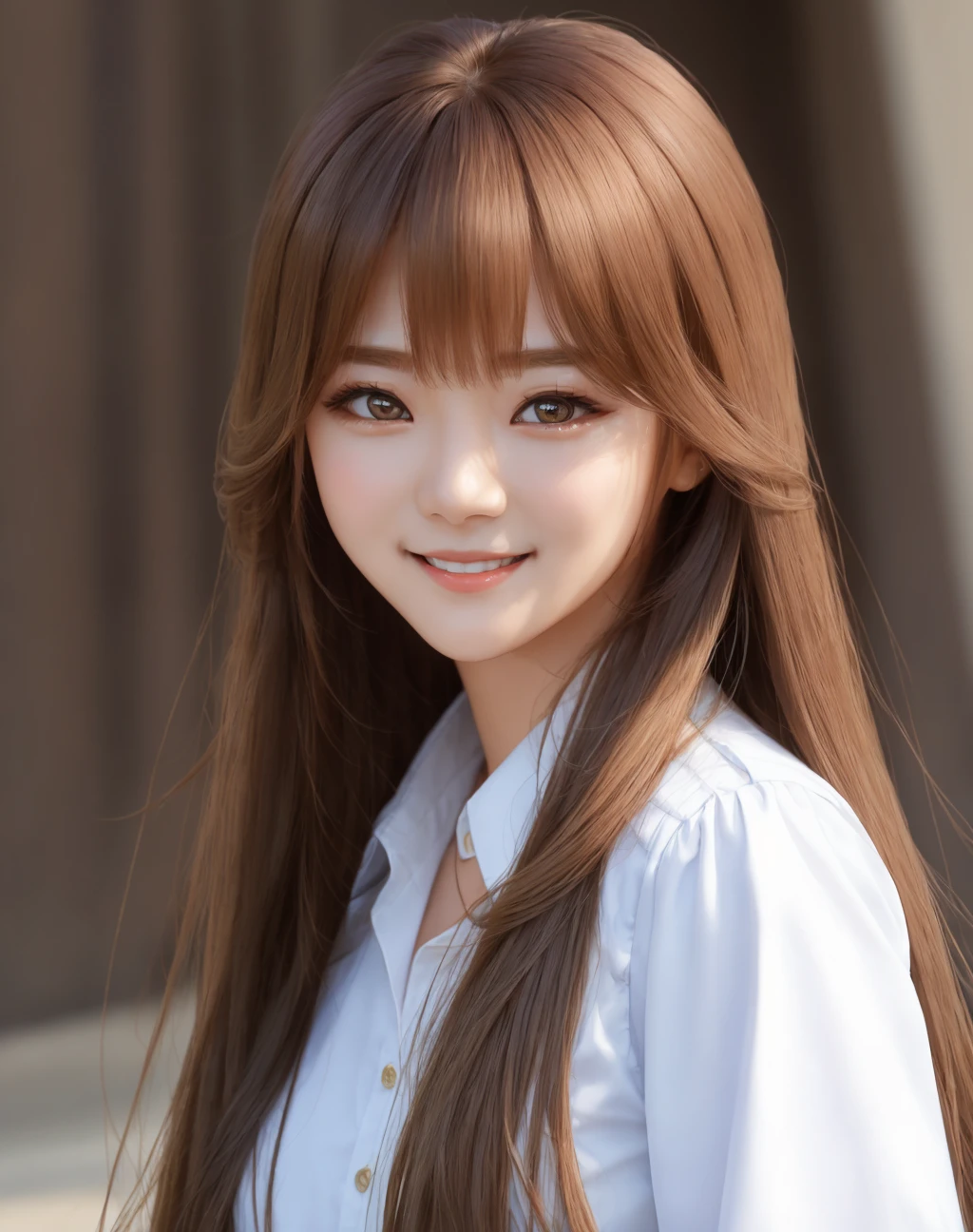 Masterpiece, absurdres, fine detail, HDR, highly detailed face and eyes, photorealistic, smiling, <lora:ctd:0.7>,beautiful ctd_woman, a woman with long hair and a white shirt , perfect ctd_body, perfect ctd_face