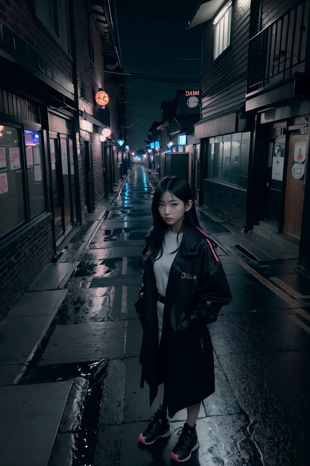 Ray Tracing, realistic, dramatic, 1girl, 21 years old korean cute girl, night sky, midnight, dark place, dark forest, dark shadow, (dim light, :1.4), (rim lighting:1.1), (two tone lighting:1.1), urban landscape, cityscape, downtown, from above, reflections on wet pavement, dark alleys, smoky atmosphere, trendy outfits,