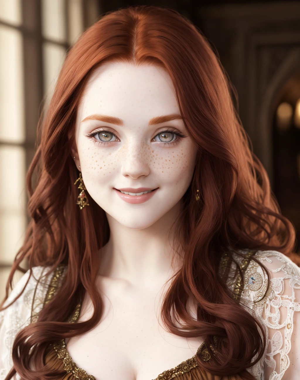 Masterpiece, absurdres, fine detail, HDR, highly detailed face and eyes, photorealistic, smiling, <lora:ird:0.75>,beautiful ird_woman, fair skin, pale,a woman with long red hair posing for a picture , perfect ird_face, perfect ird_body, freckles, curvy body, cowboy shot