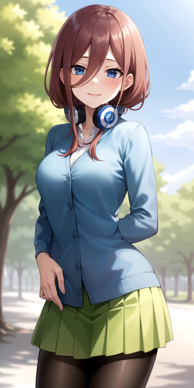 2d, masterpiece, best quality, anime, highly detailed, 1girl, solo, cowboy shot, nakano miku, brown hair, hair between eyes, blue cardigan, headphones, pantyhose, collared shirt, green skirt, miniskirt, medium breasts, standing, school, outdoors, smile<lyco:quintuplets-10-new:1>