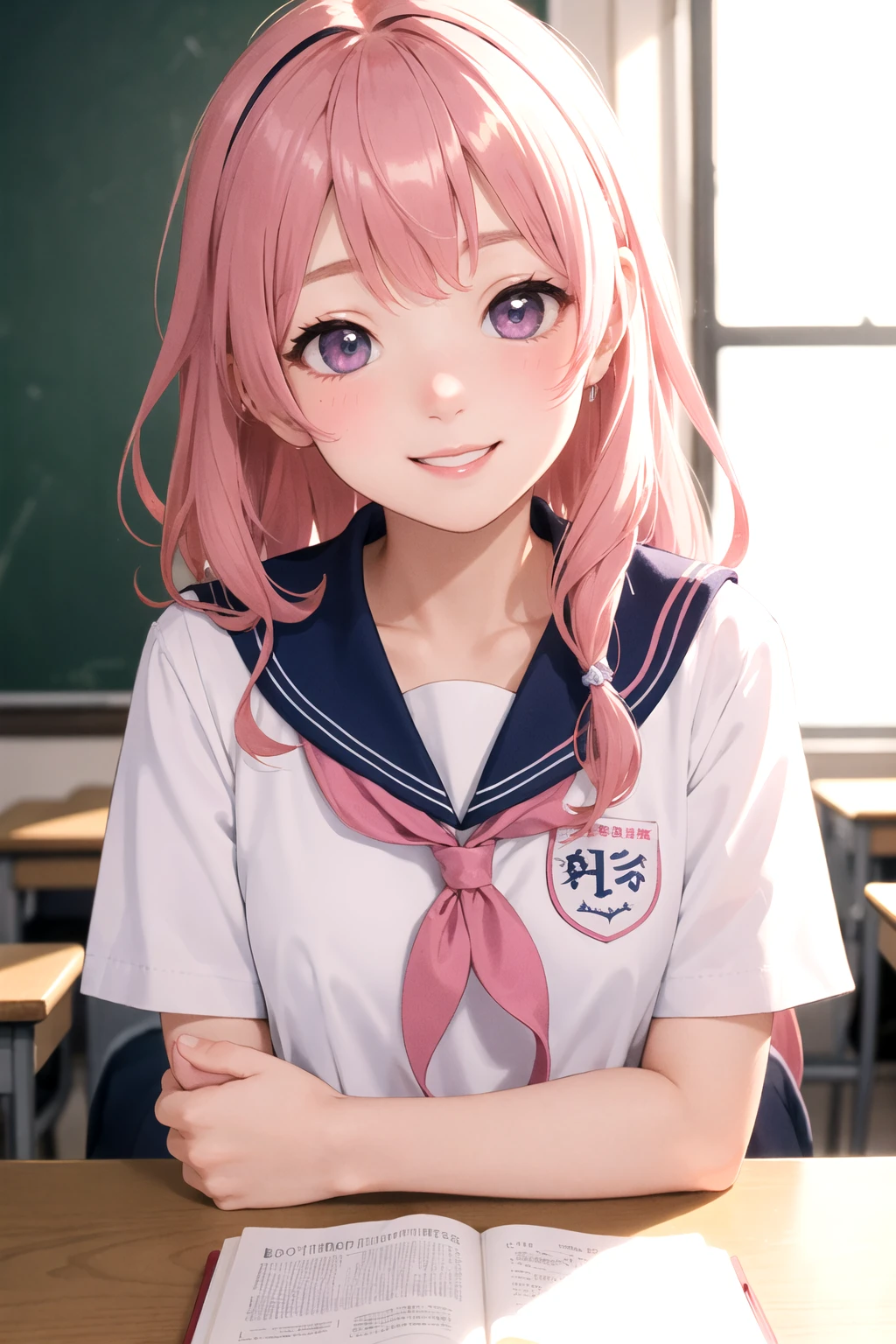 1girl, cute, , smiling, look at viewer, sailor uniform, seifuku, pink hair, best quality, hires, detailed face, classroom, detailed background, diffused lighting, depth of field, bokeh