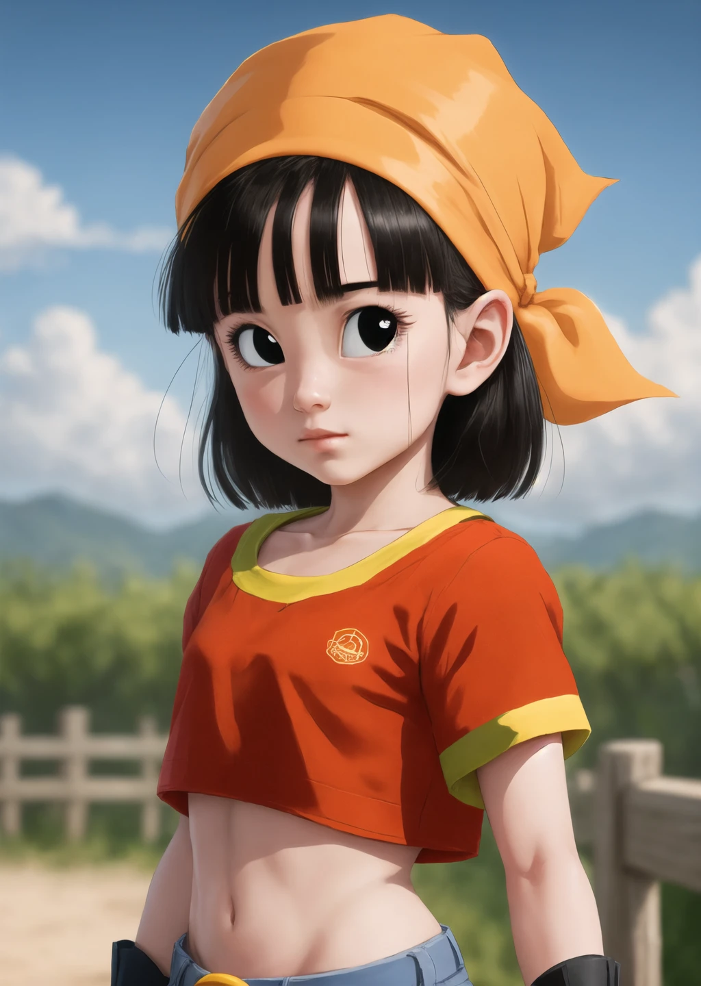 masterpiece, best quality, highest quality, photorealistic, perfect anatomy, perfect face, perfect eyes,
<lora:pandballgt_ex_01:1>, pandballgt, 1girl, black eyes, black hair, short hair, orange bandana, pants, fingerless gloves, red shirt, crop top, outdoors, child female