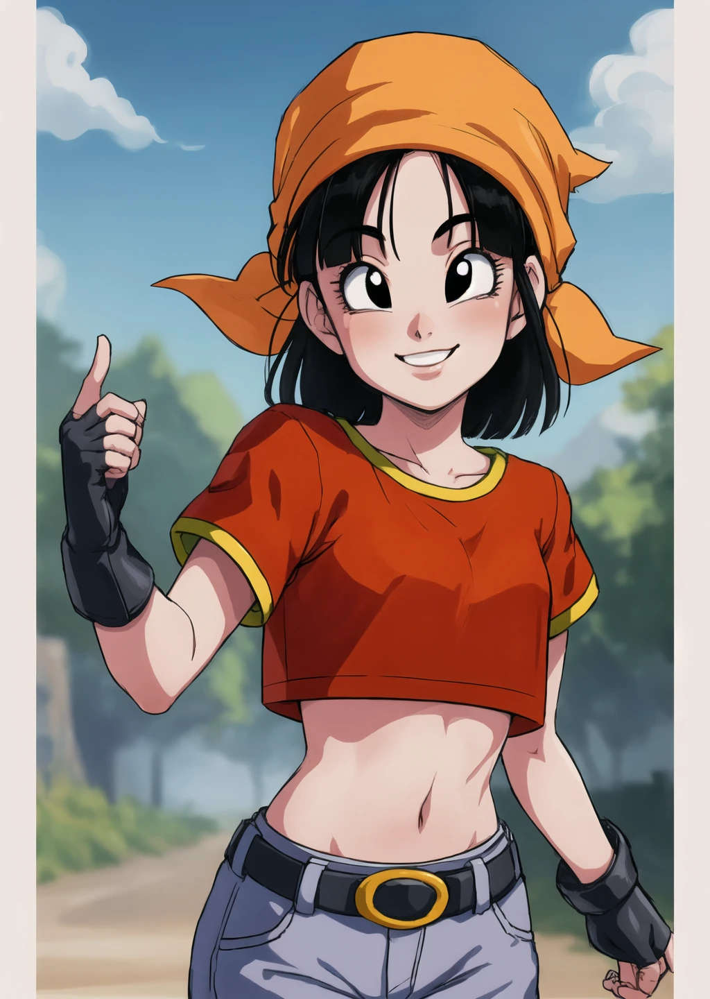 masterpiece, best quality, highest quality, photorealistic, perfect anatomy, perfect face, perfect eyes,
<lora:pandballgt_ex_01:1>, pandballgt, 1girl, black eyes, black hair, short hair, orange bandana, pants, fingerless gloves, red shirt, crop top, outdoors,  female, smile