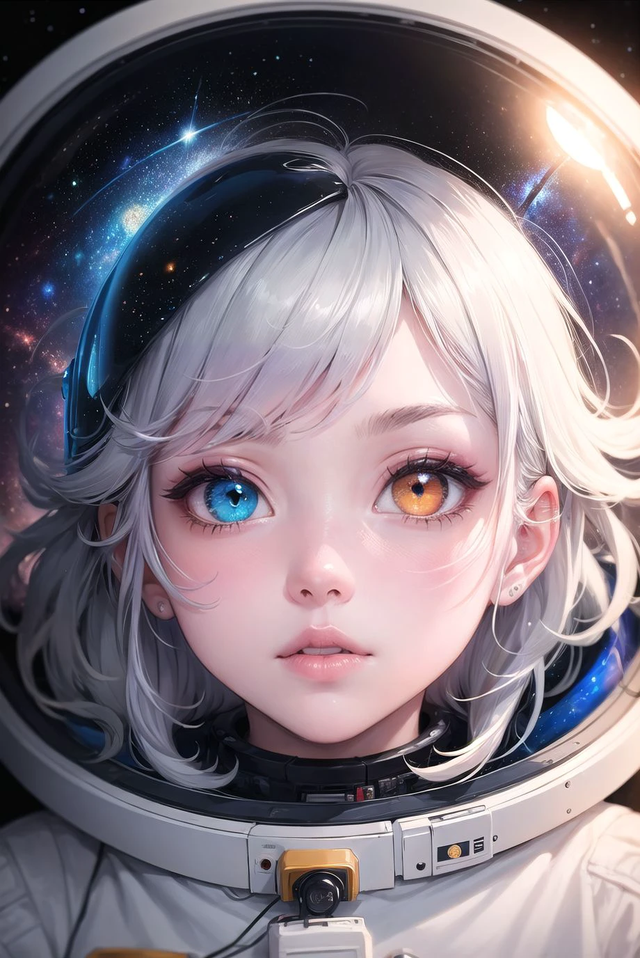 masterpiece, best quality, close-up, space, astronaut, silver hair, yellow eyes, messy hair, space helmet,colorful stars, radiant light, heterochromia, big lips, blue eyes