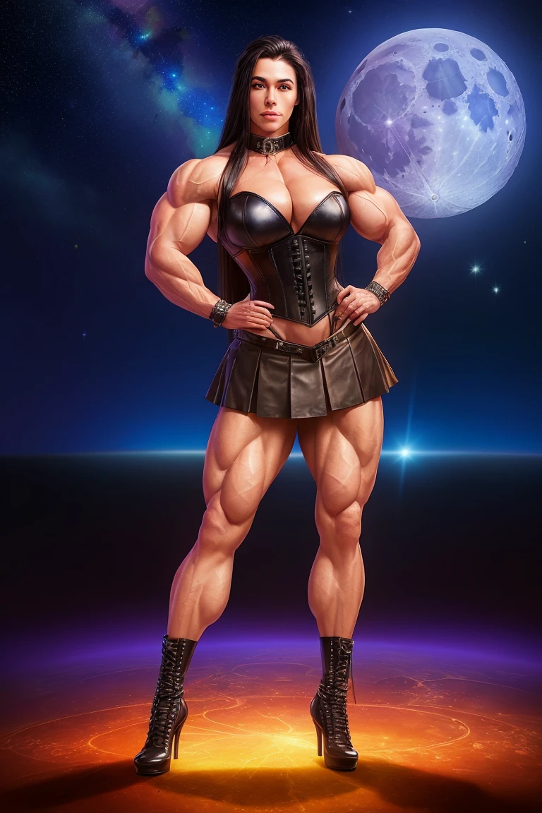 amazon goddess, leather skirt, leather corset, bodybuilder, muscular, realistic, long hair, cyberpunk, moon, space, stars, lights, rim lighting, stage lighting, lens flare, supernova effect, magical, scifi, legs, heels, full body <lora:amazon_goddess-fc_v1.1:1>