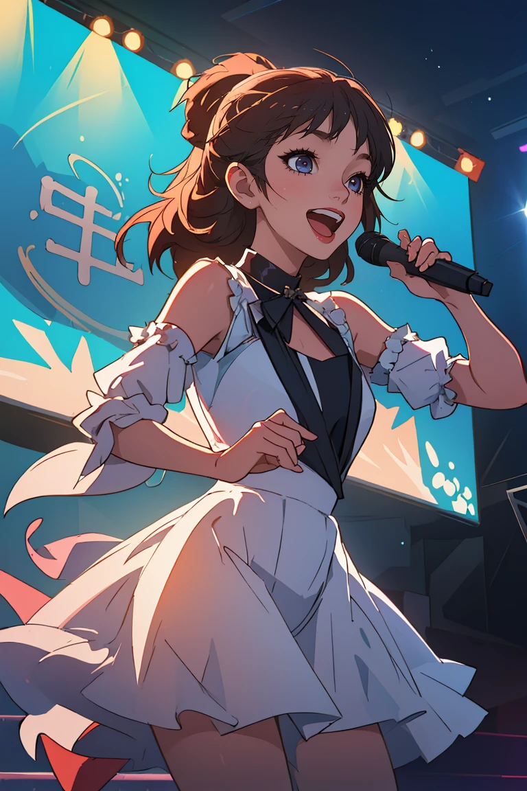 (best quality, masterpiece), 1girl, idol, stage, singing, happy,