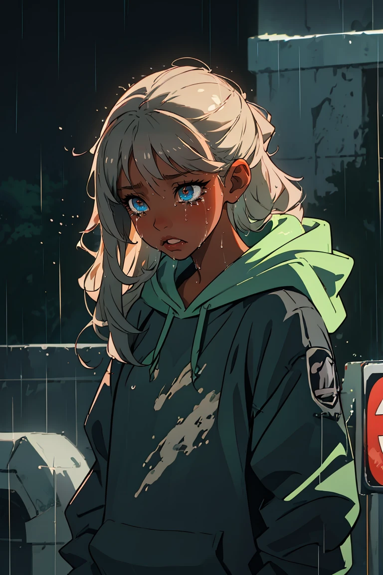 (best quality, masterpiece), 1girl, (dark skin), hoodie, rainy, crying, looking down, wet,