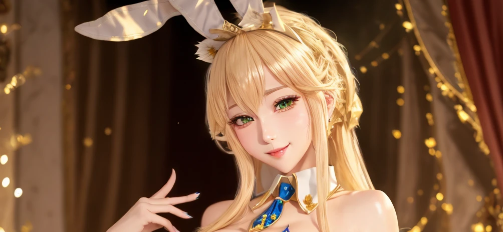 Masterpiece, absurdres, fine detail, HDR, highly detailed face and eyes, photorealistic, smiling, kingbunny, bunny ears, fishnet stockings, pantyhose, high heels,blonde hair, green eyes, detached collar, necktie, clothing cutout, white top , chic background, a woman wearing kingbunny, <lora:king_bunny1:0.7>