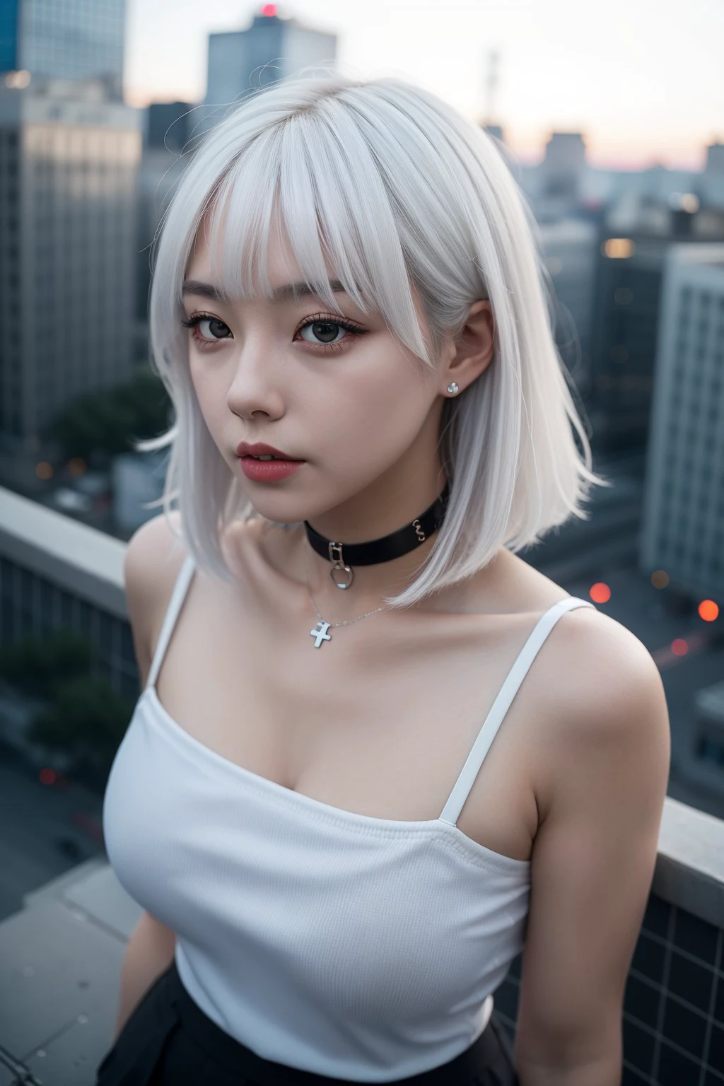 1girl, upper body,city,depth of field, white hair, choker, from above, wide angle, very wide shot,