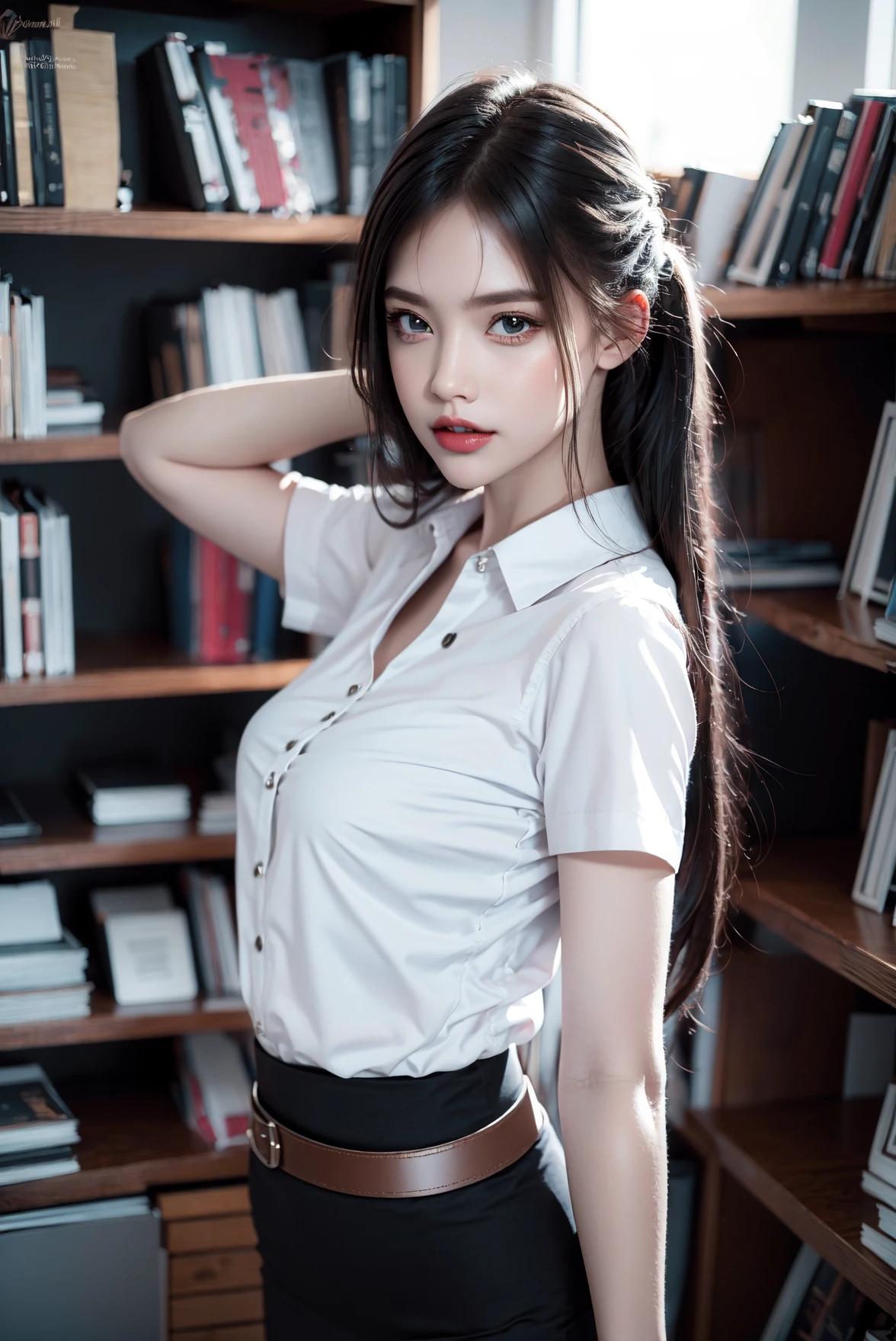 (photorealistic:1.4),Best quality, masterpiece, ultra high res,looking at viewer,libary background
,(ํ1girl),(white shirt short sleeves),((black pencil skirt)),belt,pose in libary,dynamic pose
, <lora:mahalaiuniform-000001:0.8> <lora:mixfaceL2-000001:0.8>