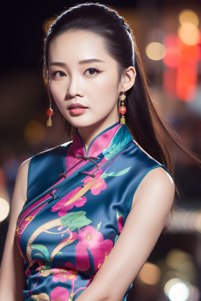 (sleeveless chinese clothes:1.5), floral print, depth of field, night cityscape, (1girl:1.6), long hair, ulzzang-6500v1.1, (original: 1.2), (realistic: 1.3) , beautiful girl with beautiful details, extremely detailed eyes and face, eyes with beautiful details, absurd, incredibly absurd, huge file size, ultra detail, high resolution, ultra detailed, best quality, masterpiece, illustration, ultra detailed and beautiful, ultra detailed, CG, unity, 8k wallpaper, amazing, fine Detail, masterpiece, top quality, official art, extremely detailed CG unity 8k wallpaper, cinematic lighting, (perfect shiny skin:0.6), slim and smooth lines, (floating), (small breasts:1), earrings , <lora:Liqin_v1:0.7>