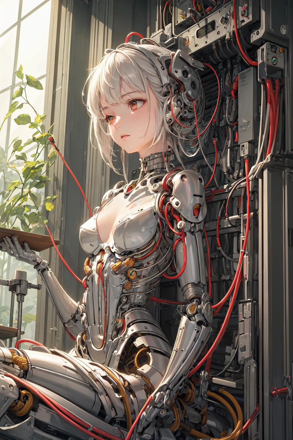 (((masterpiece))), (((best quality))), ((ultra-detailed)), (highly detailed CG illustration), ((an extremely delicate and beautiful)),(cute delicate face),cinematic light,((1mechanical girl)),solo,full body,(machine made joints:1.4),((machanical limbs)),(blood vessels connected to tubes),((mechanical vertebra attaching to back)),((mechanical cervial attaching to neck)),((sitting)),expressionless,(wires and cables attaching to head and body:1.5),(character focus),science fiction