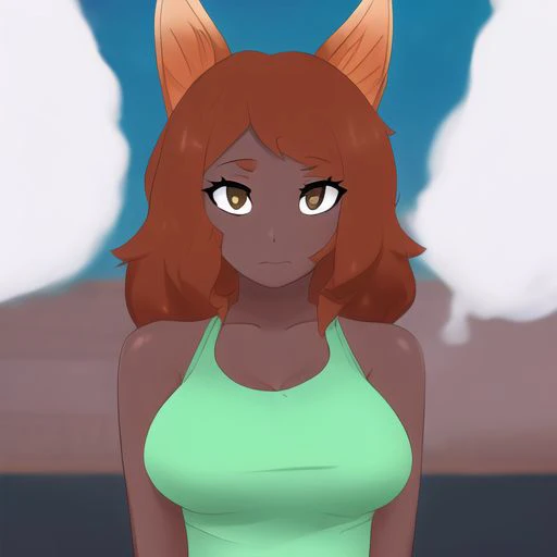 (masterpiece, best quality:1.3), zoologist, 1girl, brown skin, green shirt, fox girl, (anime style:1.2) <lora:zoologistlora4-09:1>