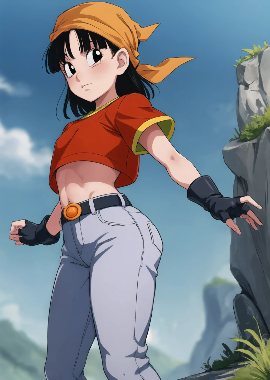 masterpiece, best quality, highest quality, photorealistic, perfect anatomy, perfect face, perfect eyes,
<lora:pandballgt_ex_01:1>, pandballgt, 1girl, black eyes, black hair, short hair, orange bandana, pants, fingerless gloves, red shirt, crop top, outdoors, child female