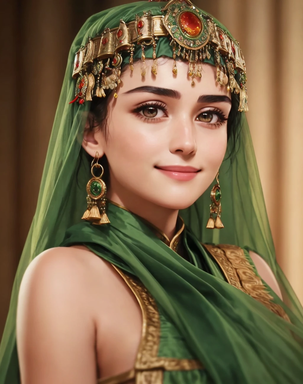 Masterpiece, absurdres, fine detail, HDR, highly detailed face and eyes, photorealistic,smiling, <lora:tkd:0.75>,beautiful tkd_woman, a woman in a green dress and a green headdress , perfect tkd_face, perfect tkd_body, cowboy shot