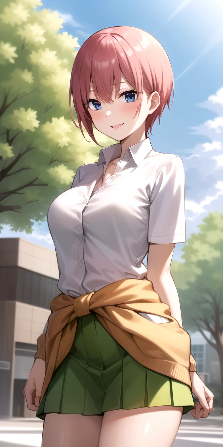 2d, masterpiece, best quality, anime, highly detailed, 1girl, solo, cowboy shot, nakano ichika, pink hair, short hair, cardigan around waist, collared shirt, green skirt, miniskirt, medium breasts, standing, school, outdoors, smile<lyco:quintuplets-10-new:1>