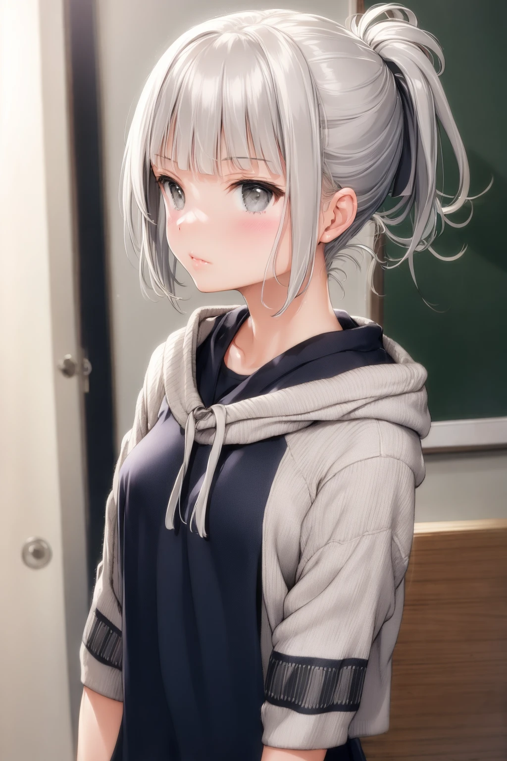 1girl, grey hair, short ponytail, Toga, <lora:SilvermoonMix:1>
