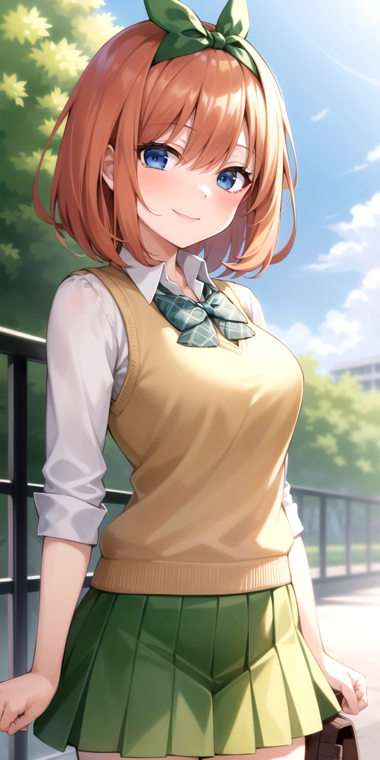 2d, masterpiece, best quality, anime, highly detailed, 1girl, solo, cowboy shot, nakano yotsuba, orange hair, hair bow, green bowtie, yellow sweater, collared shirt, green skirt, miniskirt, medium breasts, standing, school, outdoors, smile<lyco:quintuplets-10-new:1>