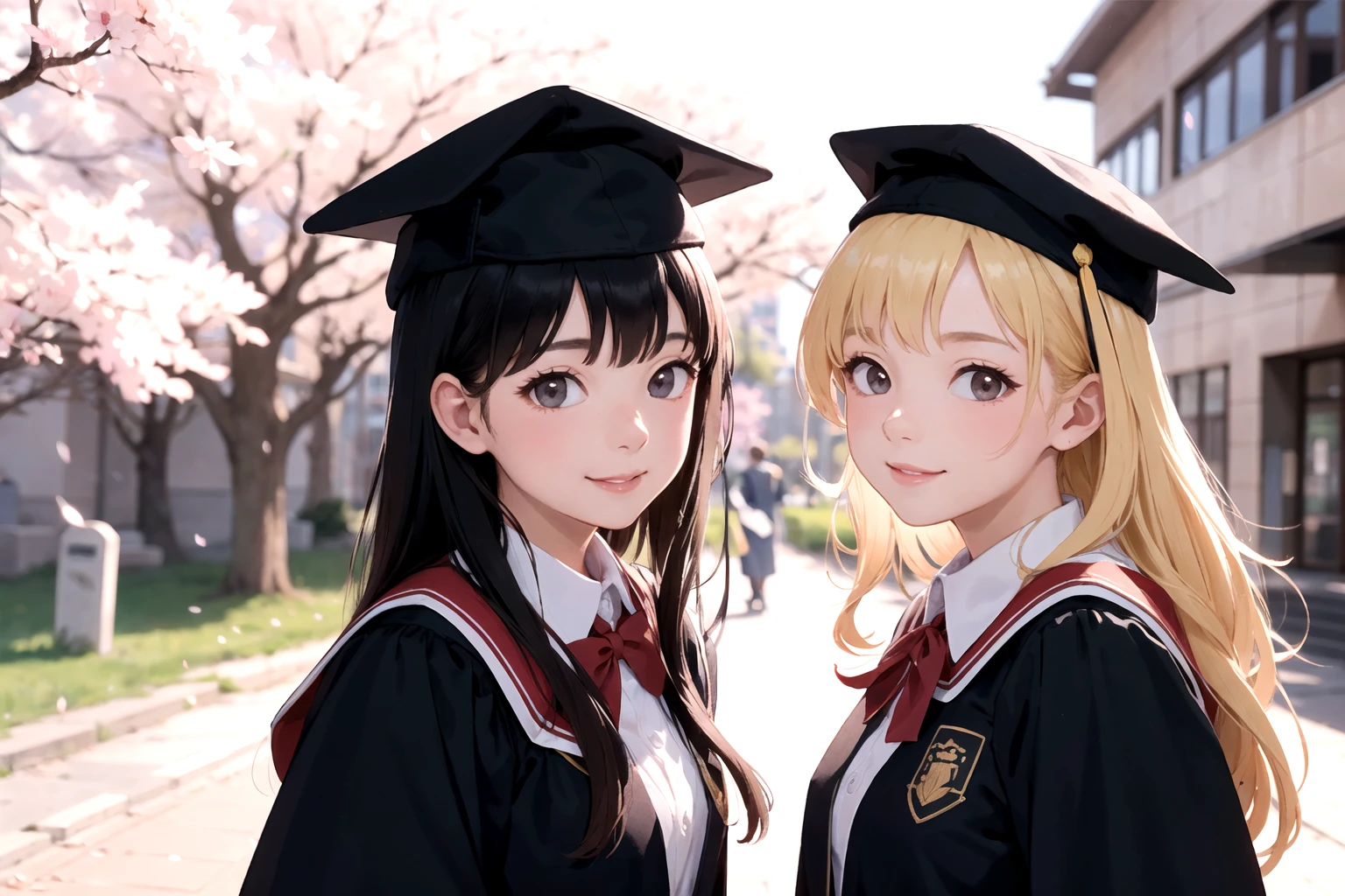 academic gown, academic robe, mortarboard, square cap, university campus, buildings, cherry blossoms, smiling, 2girls, detailed uniform, look at viewer, (SIGMA 85mm f1.4), depth of field, bokeh, detailed photorealistic background, diffused natural sunlight, diffused natural skin glow