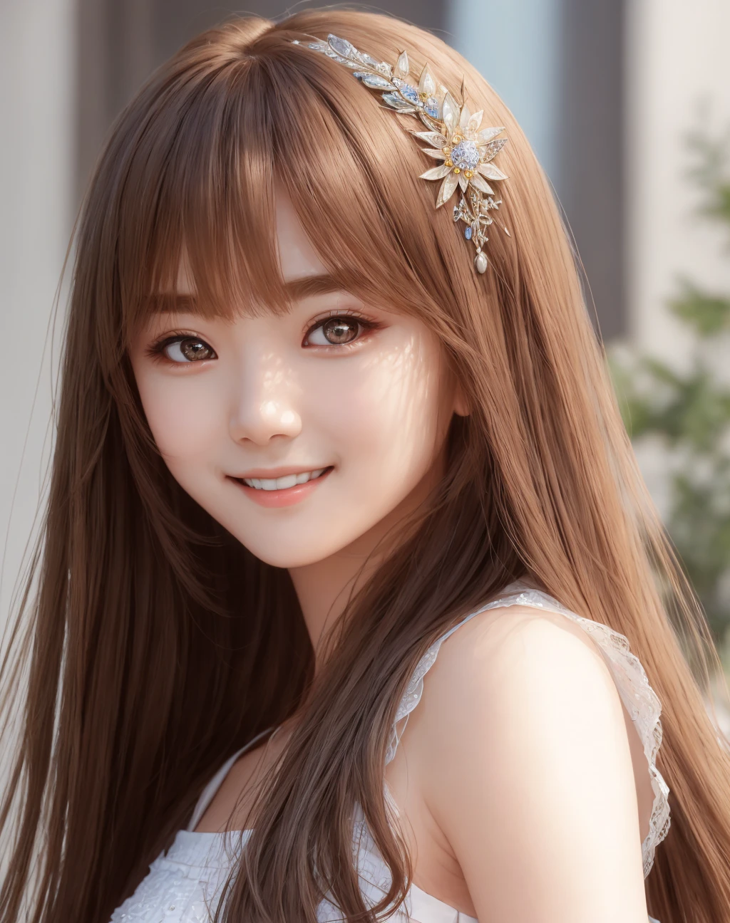 Masterpiece, absurdres, fine detail, HDR, highly detailed face and eyes, photorealistic, smiling, <lora:ctd:0.7>,beautiful ctd_woman, a woman with long hair and a white top , perfect ctd_body, perfect ctd_face