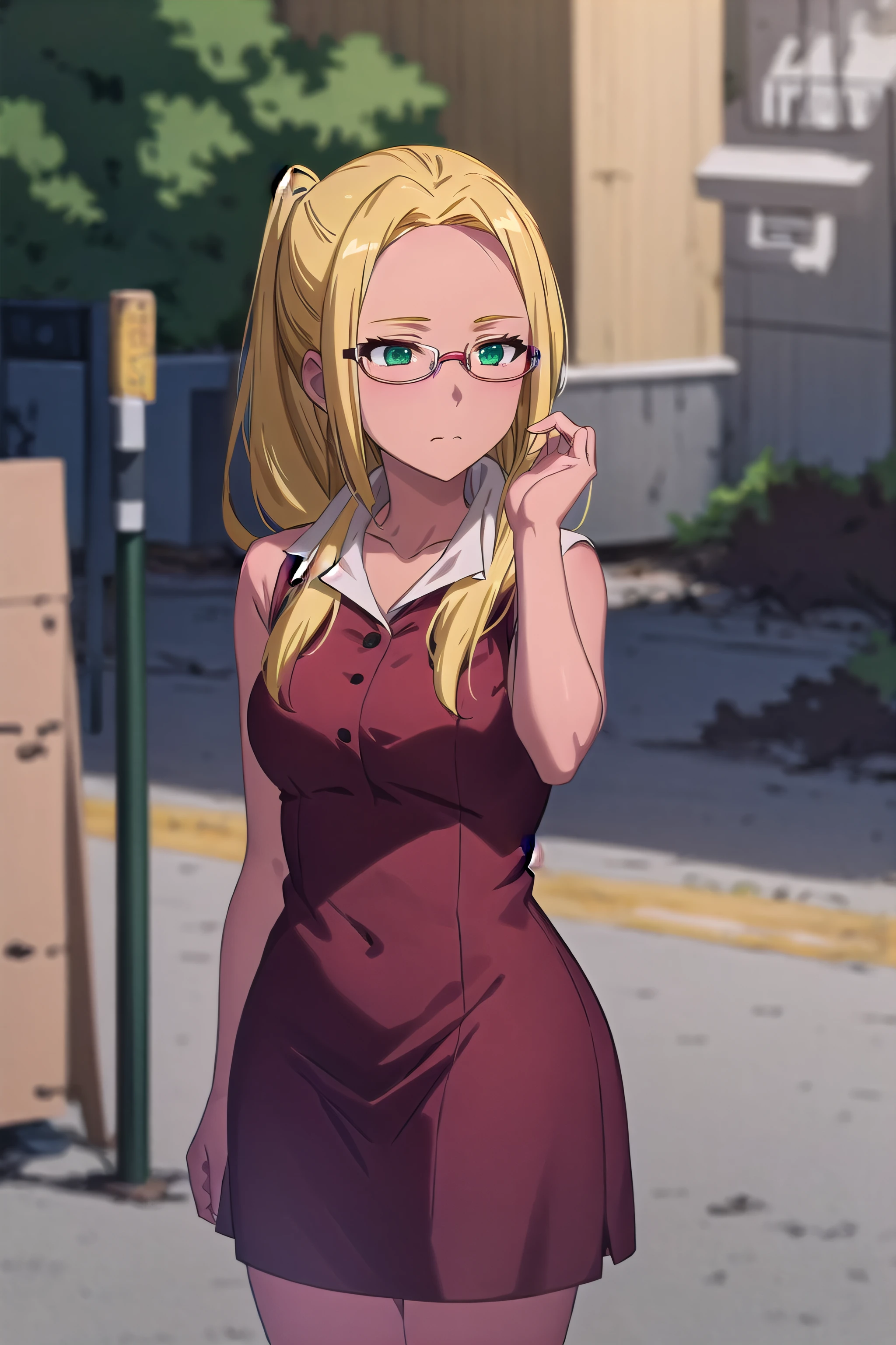 best quality, (masterpiece:1.2), highly detailed, day, outdoors, city, anime style, mature,
1girl, solo, <lora:chara_AmagiBrilliantPark_Ashe_v1:0.8>, ashe, closed mouth, standing,
(dark skin:1.6), blonde hair, long hair, pontail, green eyes, semi-rimless eyewear, red dress, sleeveless