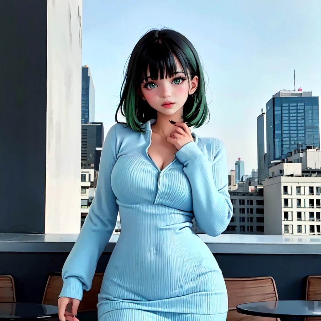 (detailed colorful caf background), masterpiece, best quality, 1girl, green hair, blunt bangs, Long_Sleeve_Body_Con_Dress, light_blue22222, City background
 <lora:body_con_dress_V2-03:0.8>