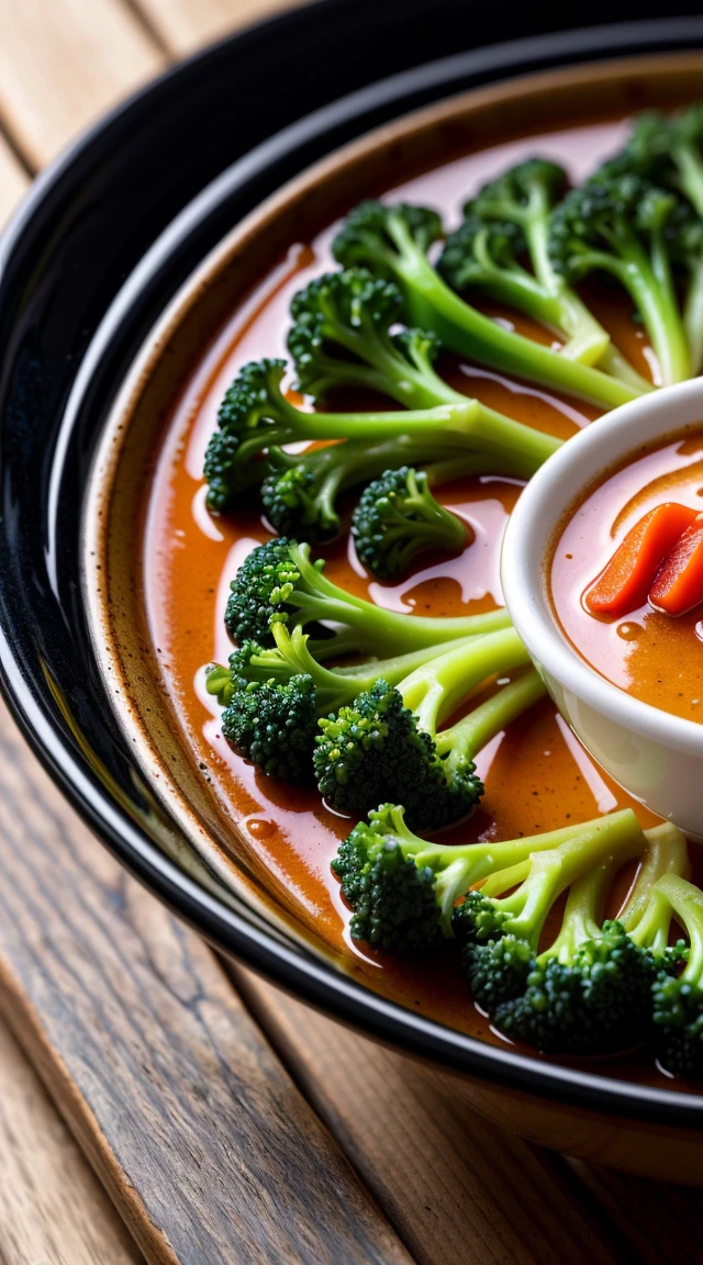 . Photorealistic close-up shot of a bowl of freshly cooked noodles with vibrant green broccoli and colorful peppers on a wooden table, chopsticks and a steamy cup of coffee in the background. Shot with a macro lens for exquisite detail and natural lighting, reminiscent of a food magazine cover. Claude Monet inspired art style with attention to texture and detail, trending on Instagram for its unforgettable composition and colors.