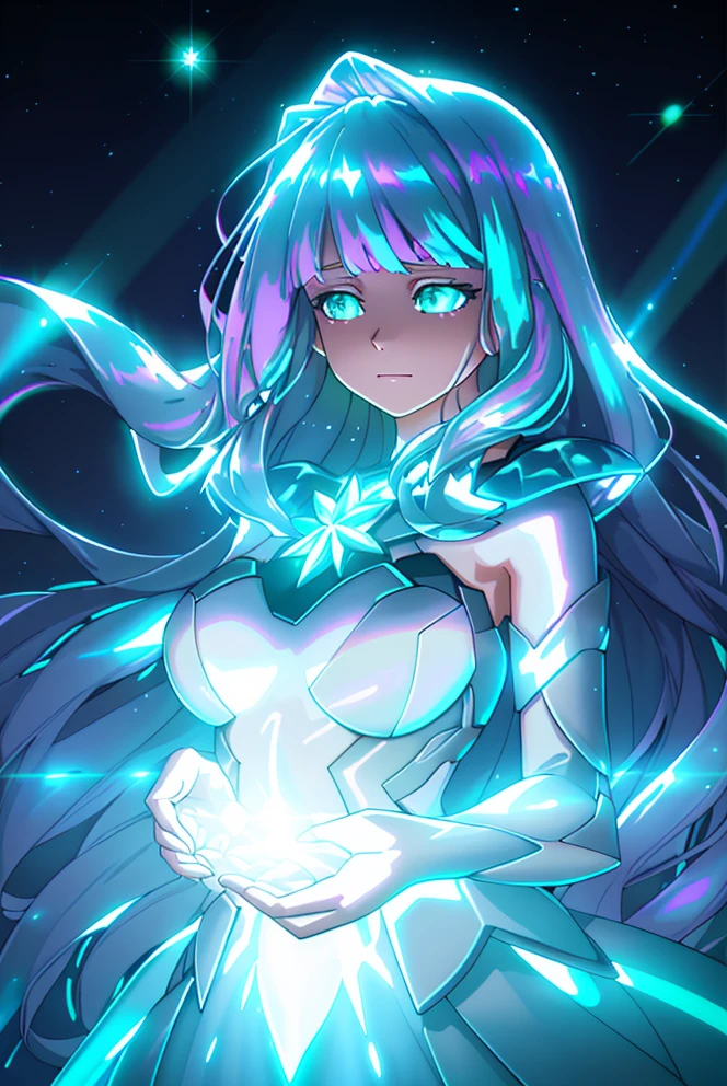 woman,long hair ,sunlight ,medium breasts, iridescent dress, glowing stars, A digital illustration, glowing stars, defraction spikes, chromatic aberration,bloom AND (glowing, holofoil:0.6),