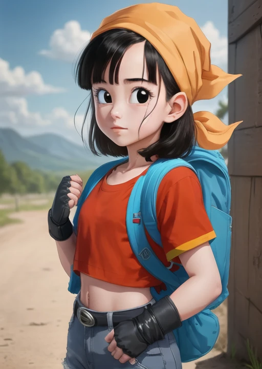 masterpiece, best quality, highest quality, photorealistic, perfect anatomy, perfect face, perfect eyes,
<lora:pandballgt_ex_01:1>, pandballgt, 1girl, black eyes, black hair, short hair, orange bandana, pants, fingerless gloves, red shirt, crop top, backpack, outdoors, child female