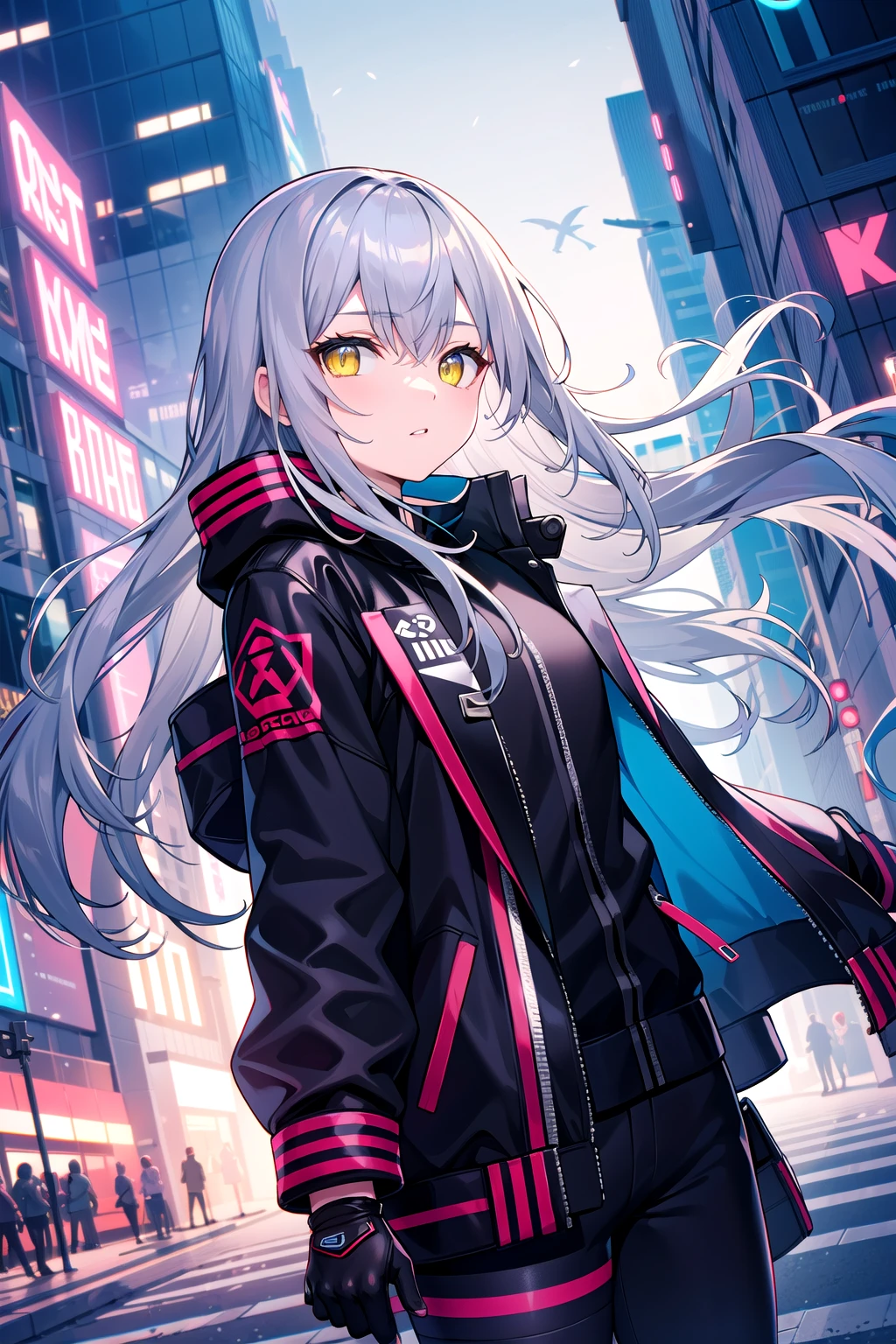 masterpiece, best quality, long hair, silver hair, yellow eyes, outdoors, jacket, wind, cyberpunk, gloves,