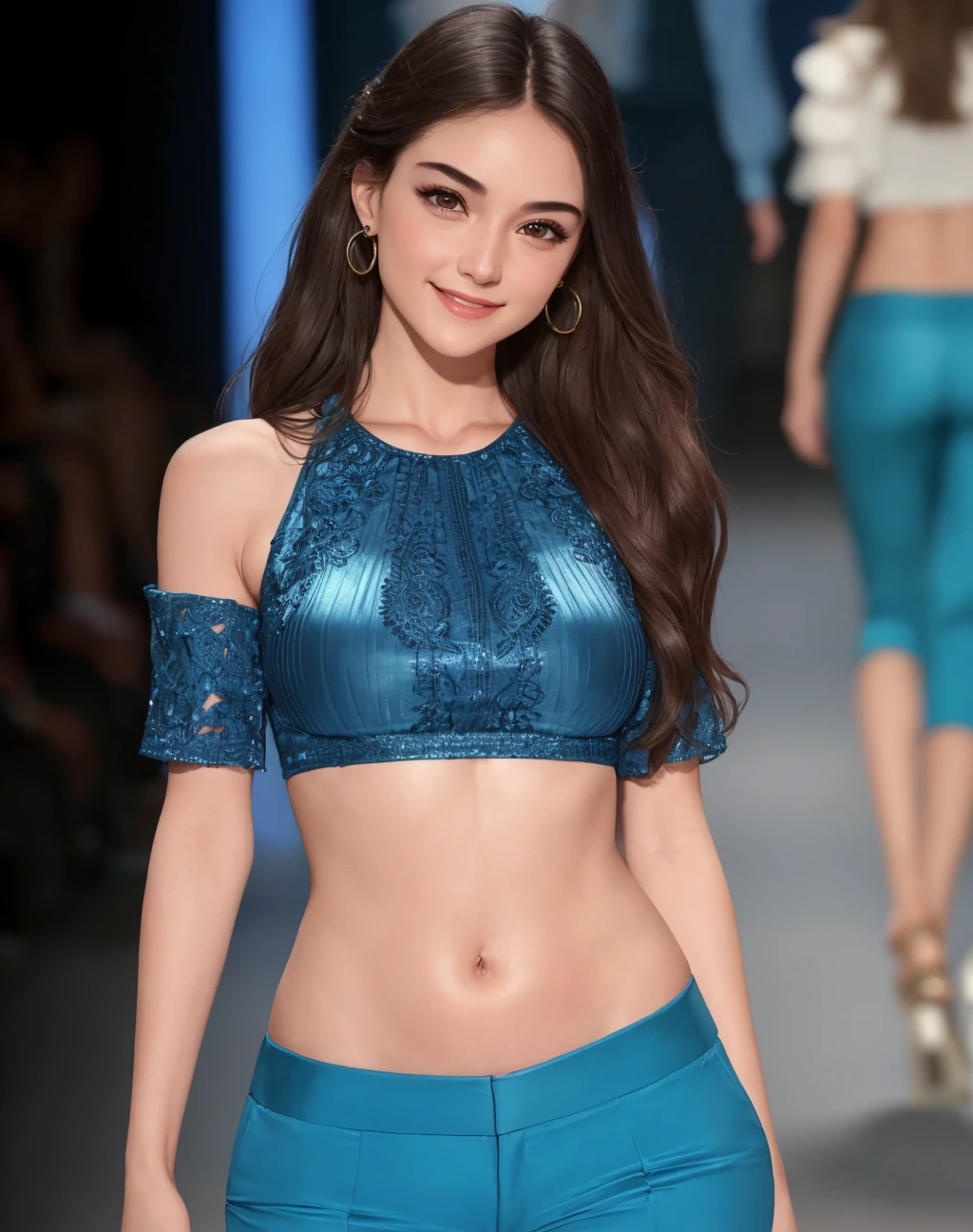 Masterpiece, absurdres, fine detail, HDR, highly detailed face and eyes, photorealistic,smiling,excited, <lora:tkd:0.75>,beautiful tkd_woman, a woman in a blue top and pants on a runway , perfect tkd_face, perfect tkd_body