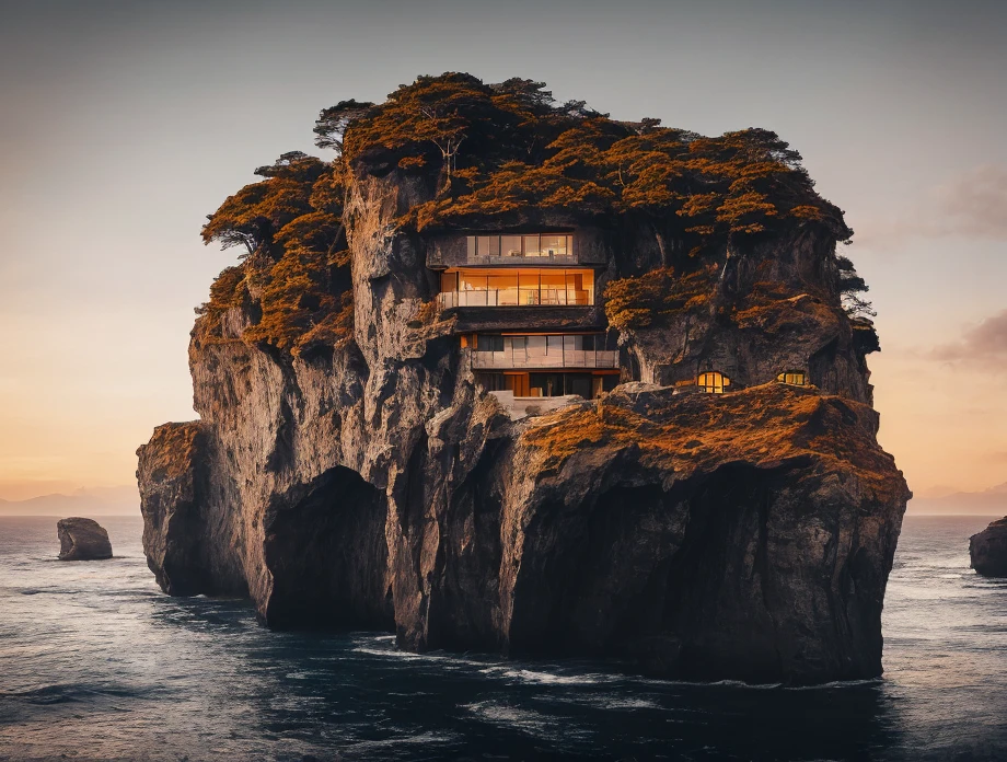 <lora:detailia_yiu_v20:0.5>, nature, epic building in the center, warm, glow at night, raw, hdr, (cliff, waterfall, abyss, rocks, house on the edge of a cliff:1.3), cinematic, slate grey, dramatic light, architecture