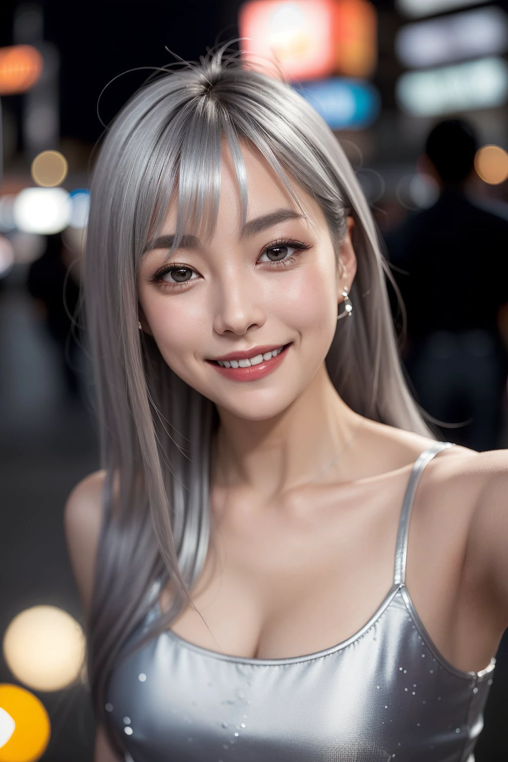 1girl,commercial,depth of field, model, idol, close-up, collarbone, smile, laughing, from above, lights, ad, reflective, silver, singing, selfie, asymmetrical hair, very long hair, bokeh, japan, tokyo,, winking,