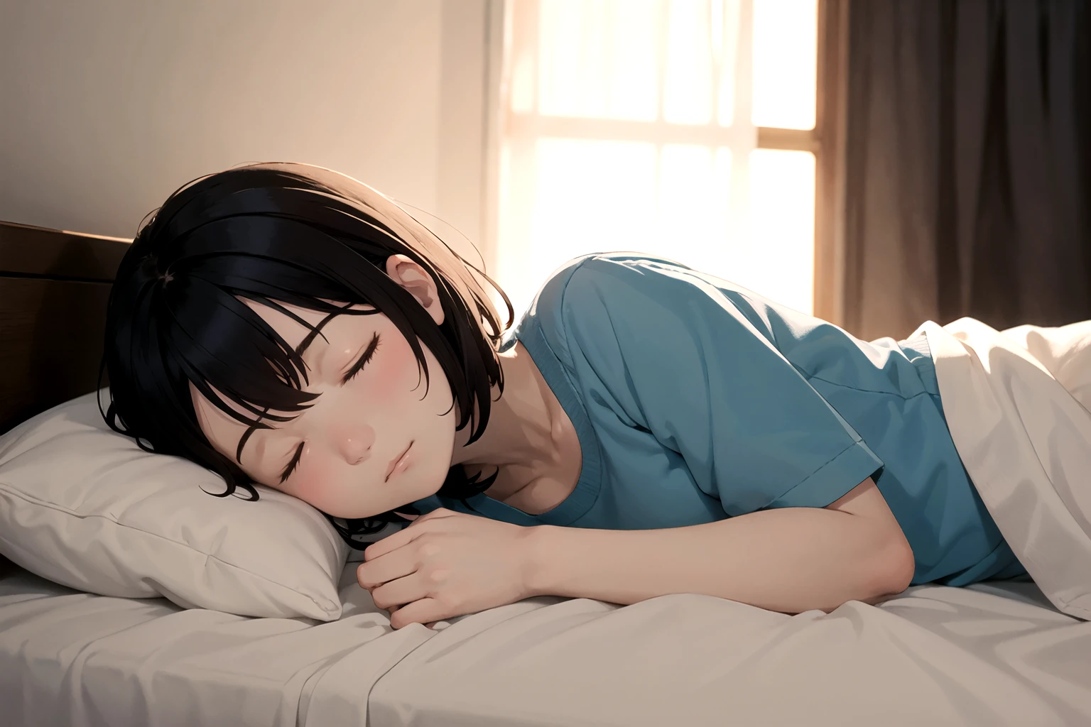 1girl, cute, sleeping, eyes closed, (freckles:0.2), lying on bed, head on pillow, bedroom, detailed background, indoor, hires, (in the dark, deep shadow,low key:1.1), diffused natural skin glow, diffused dark light, wide shot