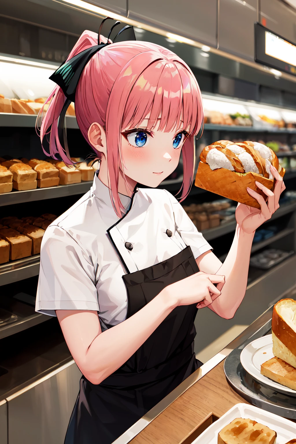 masterpiece, best quality, highres, nn1, nakano nino, 1girl, hair ribbon, short hair, ponytail, <lora:nakano_nino_v10:0.8>, chef uniform, chef, white shirt, black skirt, bread,