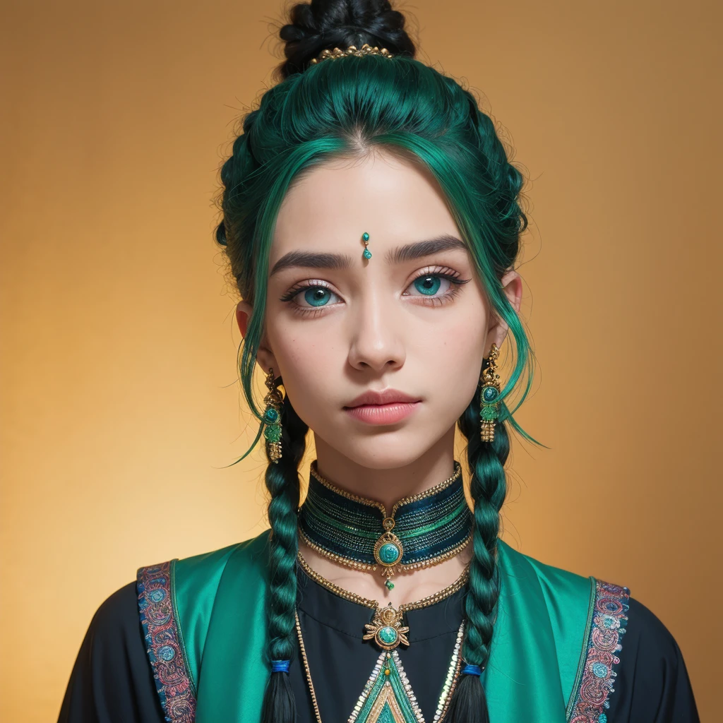 Portrait, photograph, androgynous hunnuman, oval jaw, delicate features, beautiful face, dreadlocked hair, long bangs, long ponytail, bright blue-green eyes, hindu art, Korean